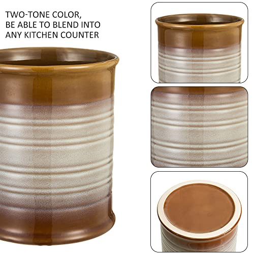 Nihow Kitchen Utensil Holder: 7.2 Inch Extra Large Ceramic Utensil Holder For Countertop - Stable Utensil Crock For Kitchen Counter Decor - Elegant Brown (1Pc) #TOP2