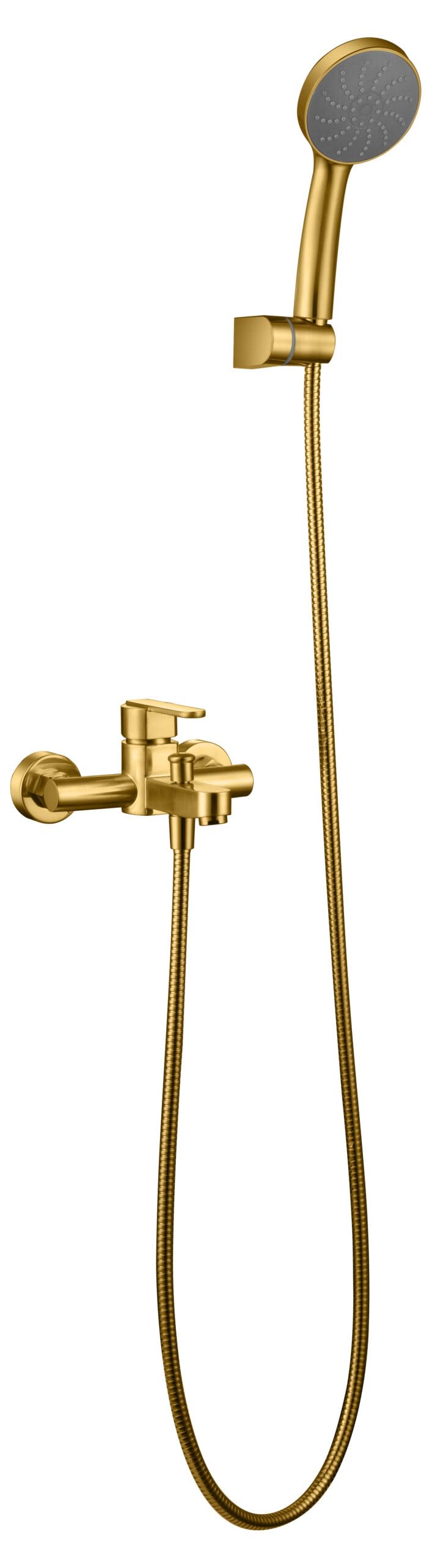 IMEX Monomando para Baño/Ducha SERIE ROMA – Grifería de Latón con, Kit Grifo Bañera Moderno Completo,Cartucho Cerámico Ø35 mm, Flexo PVC 1.80 m. (Oro Cepillado)