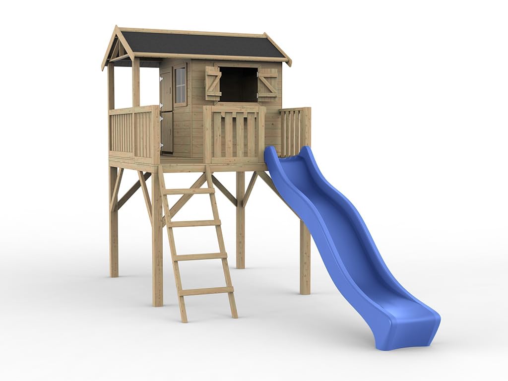 Stelzenhaus Funny XXL KDI | 285x188x303 cm | Kesseldruckimprägniertes Kiefernholz | Mit Veranda, Balkon & Blauer Rutsche | 146 cm Podest | Kinder Outdoor Spielhaus