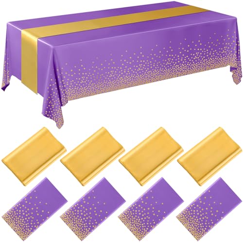 Image of Breling 8 Pack Purple and Gold Disposable Plastic Tablecloths and Satin Table Runner Set, 54 x 108 Inch Tablecloth, 12 x 108 Inch Table Runners for Wedding Graduation Birthday Baby Shower New Year