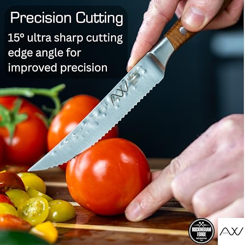 Rockingham Forge Ashwood 12.5cm Serrated Single Steak Knife - Durable Full Tang Natural Wooden Handle - Professional Chef Non-Stick Hammered Finish - Image 6