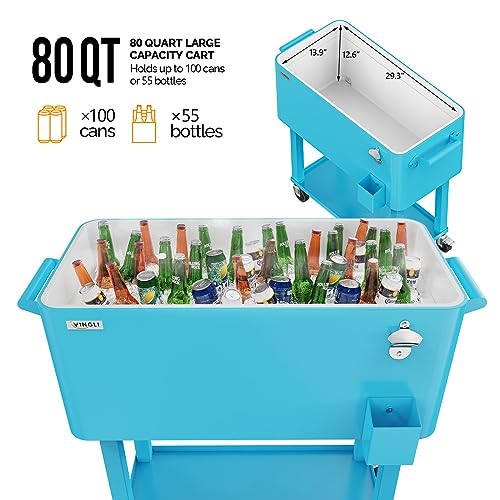 Image of VINGLI Rolling Ice Chest, Portable Patio Party Bar Drink Cooler Cart, with Shelf, Beverage Pool with Bottle Opener