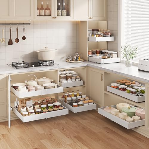 Expandable Pull Out Cabinet Organizer Adhesive,21"Deep 2Pack Slide Out Drawer for Kitchen Cabinets,Cabinet Pull Out Shelves For Kitchen Pantry Organization Adjustable Width 12.4"-20.47"White - Image 7