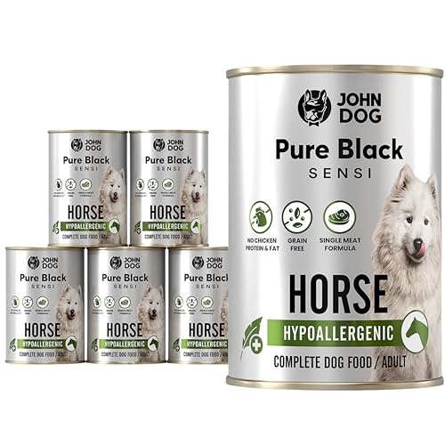 John Dog Hundenassfutter Pure Black Hypoallergenic Pferdefleisch - Getreidefreies Monoprotein Nassfutter für empfindliche Hunde - Hundefutter ohne Huhn, unterstützt Haut und Fell 6 x 400g