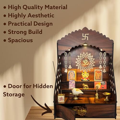 Image of STEPn'SPACE Wooden Temple For Home Big Size Mandir With LED Light & Step Wall Hanging Puja Mandir For Home Temple For Office Pooja Stand For Home & Office Temple With Storage For Shop XL-D28Xw43Xh55Cm