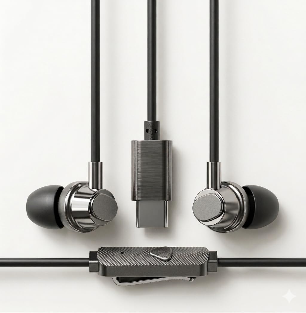 Wired in-Ear Earphones with USB Type-C Connector, Magnetic Buds, Inline Remote, 1.2 Meter Cable, Matte Black