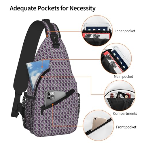 Bolsa de pecho cruzada elegante y ligera con estampado de calavera morada 5