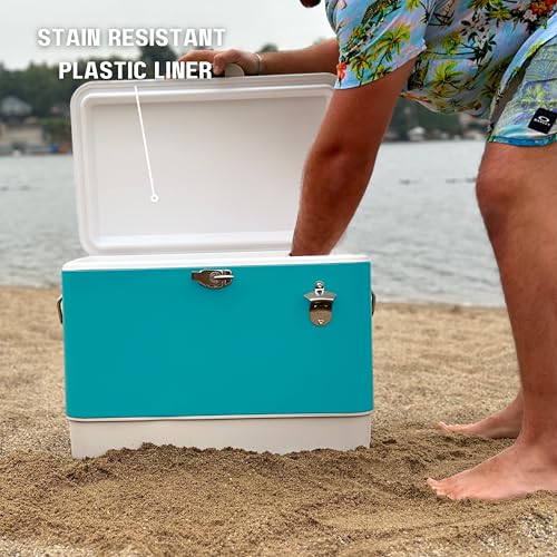 Image of FSE Hard-Sided 54 Qt. / 80 Can Metal Cooler | Durable outdoor beverage cooler with latch closure, bottle opener and side handles. Ideal for picnic or tailgate use