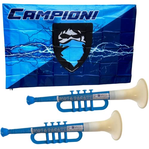 NARAMAKI® Napoli Flags 90 x 150 cm, 1 "Forza Napoli" Flag + 1 White and Blue Checkered Flag, 100% Polyester, Made in Italy