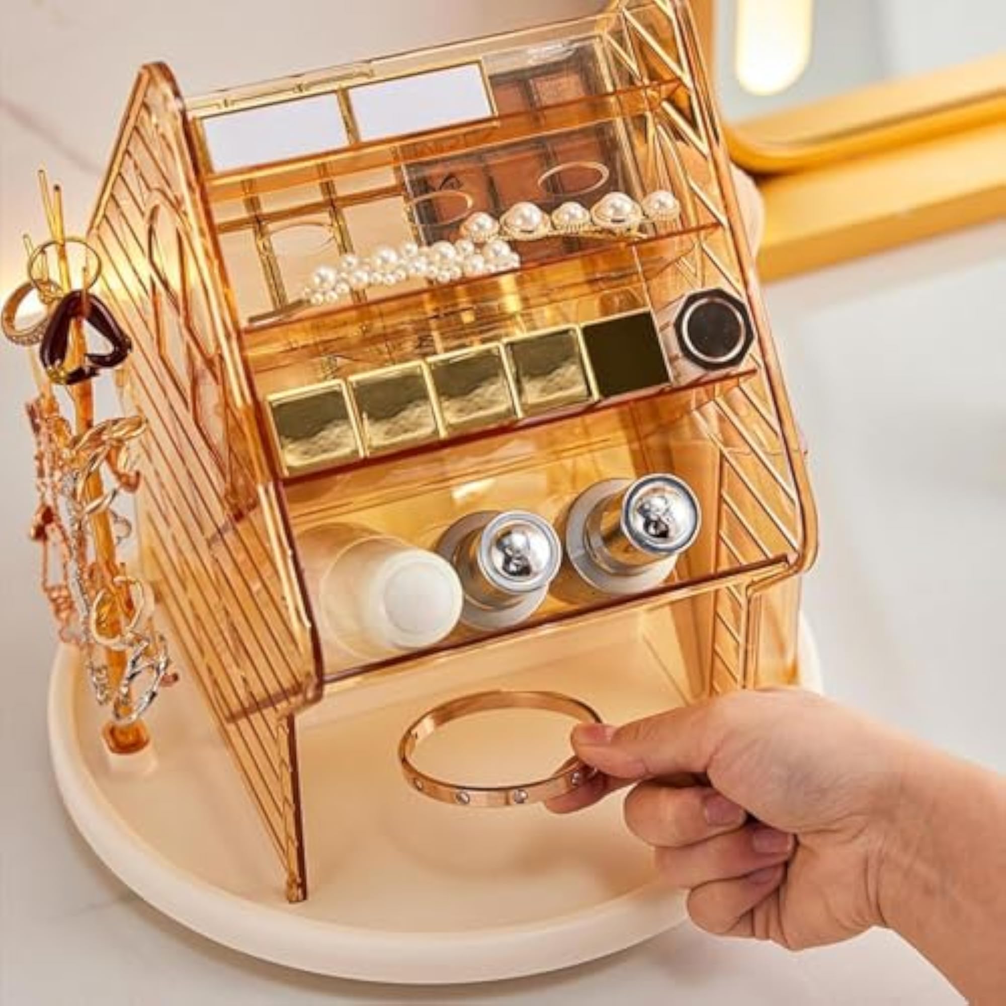 360° Rotating Clear Gold Makeup Brush Holder Organizer