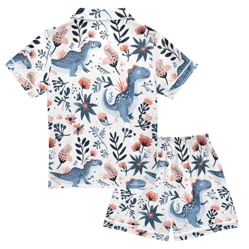 ALAZA Dinosaur Leaf Blossom White Satin Pajamas Set Short Sleeve Button Down Sleepwear Summer Pjs 2 Piece2