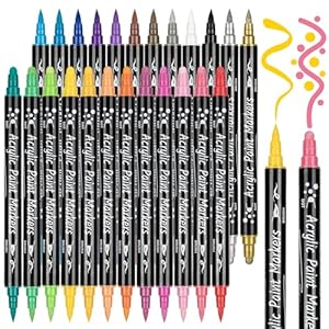AOSUCO Acrylic Paint Pens Dual Tip for Rock Painting, Wood, Pebbles, Glass, Ceramic, Stones, Fabric, Canvas, Craft – Waterproof Brush Marker Set