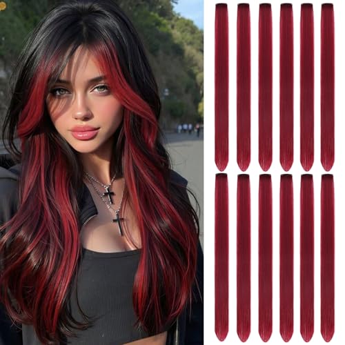 Leeven Burgundy Colored Hair Extensions Clip in 22 Inch 12PCS Wine Red Straight Clip on Synthetic Hairpieces Colorful Party Highlights Hair Accessories Cosplay Christmas for Women