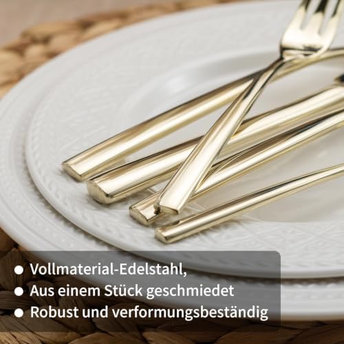 Alata Konrad 18/10 Edelstahl Poliert Champagner Gold Besteck Set 12 Personen, Essbesteck 60 teilig, Monobloc-Messer, Glänzend… – Ansicht 5