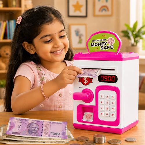 Image of Zest 4 Toyz Piggy Bank with Lock Code Money Saving Coin Bank Automatic Roll Money ATM Bank Birthday Return Gift for Kids(Pink)