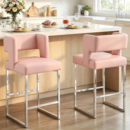 Image of Counter Height Bar Stools Set of 2, Pink Leather Chair Silver Legs
