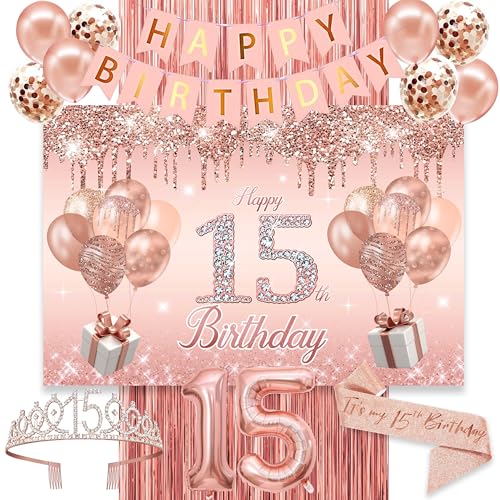 Image of 15th Birthday Decorations for Girls,Banner,Backdrop, it's my 15th Birthday Sash, Sweet Rhinestone Tiara Crown,Balloons