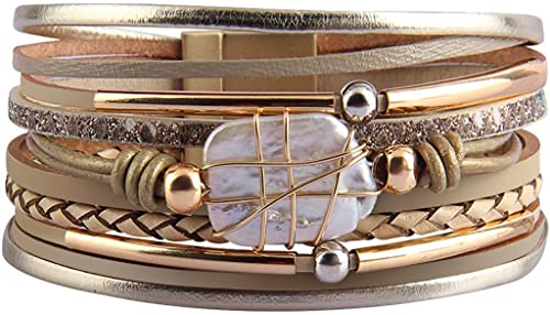 Image of Fesciory Leather Wrap Bracelets for Women, Boho Leopard Multi-Layer Crystal Beads Cuff Bracelet Jewelry