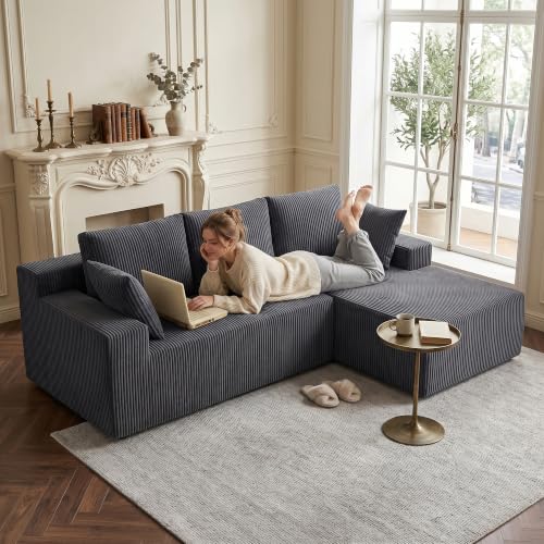 Image of GRUSIGN Cloud Sectional Boneless Couches for Living Room, Modular L Shaped Couch with Deep Seat Oversized Right Facing Chaise, Memory Foam Compressed Spineless 3 Seater Sofa, Wide-Striped Grey