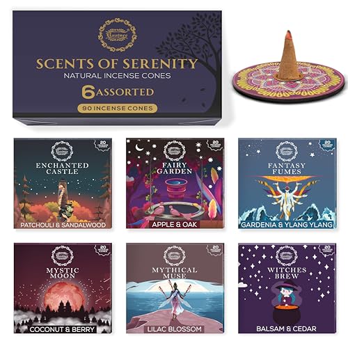 Raajsee Incense Cones 6 Pack Scents of Sernity Cone Gift Pack 15 pc Each (90 Total) Insence Cones Variety Pack 100% Organic Non Toxic Natural - Hand Rolled Free from Chemicals Holder Included
