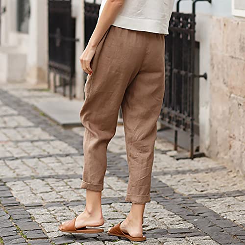 Image of LRMQS Cotton Linen Pants Women Casual Summer 2026 Trendy Loose Fit Beach Wide Straight Leg Trousers with Side Pockets