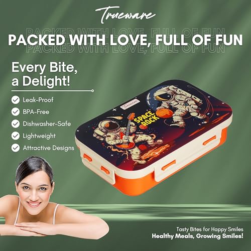 Image of Trueware Pluto Lunch Box 2 Compartment Leak-Proof BPA Free Stainless Steel, Lunch Box for Kids, Lunch Box for School & Office with a Spoon, 580 ML