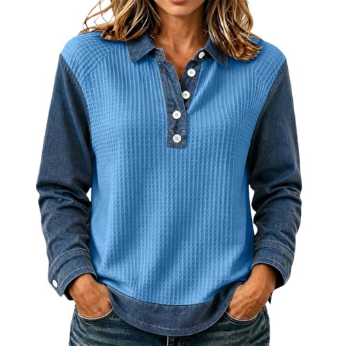 Waffle Tops for Women Jean Patchwork Collared Button Fashion Shirts - image 1