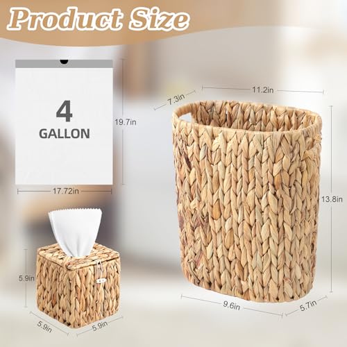 Image of BSSN 4 Gallon Wicker Trash Can Handwoven Bathroom Trash Can,Square Water Hyacinth Tissue Box Cover, Narrow Small Waste Basket,White 150 Count 5 Gallon Trash Bags Rustic Decor Set for Bedroom & Office
