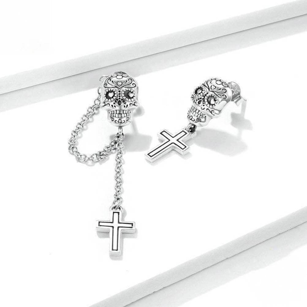 SIWAN Pendientes de Calavera Y Cruz de Plata 925 para Hombres Y Mujeres, Pendientes Asimétricos con Borlas de Halloween, Accesorios para Las Orejas de Verano para Mujeresplata, 925 plata