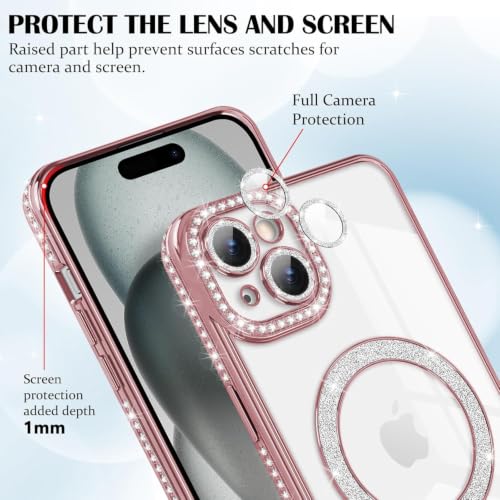 Image of DIZORO Compatible with (iPhone 13 / iPhone 14 Case) Clear Luxury Diamond Glitter Case |Camera Lens Protector with Glitter Ring | Premium Shockproof Glossy Shiny Back Cover Case for Girls Women -Pink