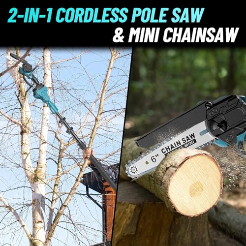 Image of 2-IN-1 Cordless Pole Saw & Mini Chainsaw, 6-inch Brushless Chain Saw with 2x 2.0Ah Battery 5.5-Foot MAX Reach Pole Saw for Wood Cutting Garden 2024 UPGRADE CH1000
