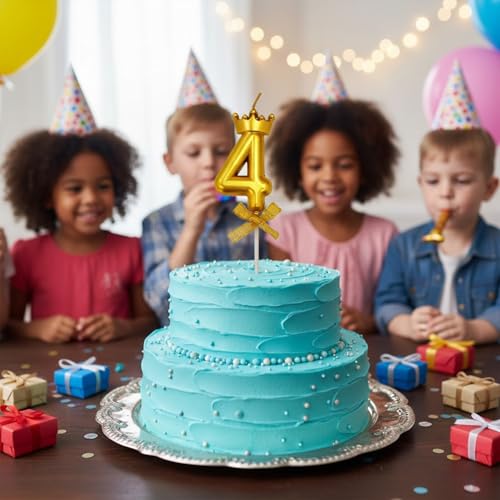 Image of Rozi Decoration Number 4 Birthday Candle for Cake with Crown Design | Gold Metallic Number Candle with Stick | Fourth Birthday Cake Topper for Baby, Kids and Party Celebration