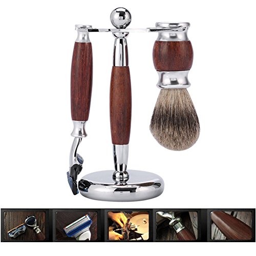 Men\'s Wood Shaving Set, Wet Grooming Shaving Set with Rosewood 5 Layer Razor, Wood Brush and Stainless Steel Stand, Perfect Gift for Boyfrien and Father