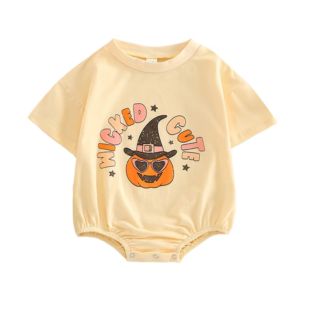 Baby Halloween Outfit Girl Boy Pumpkin Onesie Witch Bubble Romper Infant Toddler Oversized Shirt Cute Clothes 18-24 Months D Wicked and Cute Beige