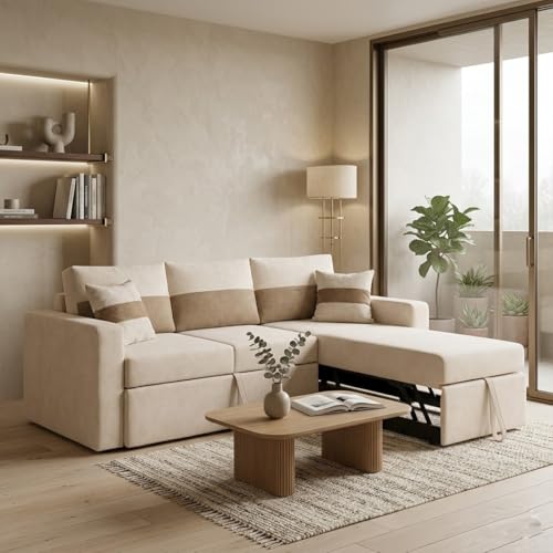 Image of FURNY Soria 4 Seater RHS Lounger Sofa Cum Bed (Cream-Beige) with Pull-Out Function | Luxury Velvet Suede Finish | Durable Comfort | Ideal for Living Room