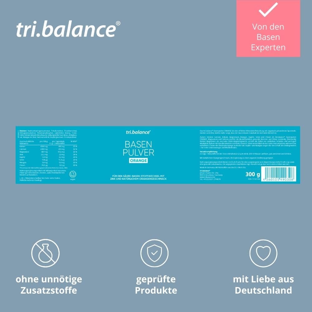 tri.balance Basenpulver ORANGE 4er-Pack 1200 g – Orangengeschmack, vegan | Mit Zink für den normalen Säure-Basen-Stoffwechsel, natürlicher Orangengeschmack, vegan, ca. 216 Portionen
