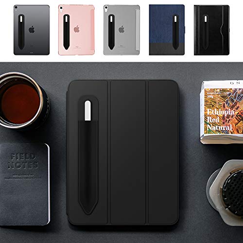 Image of MoKo Pencil Case Holder Sticker for Apple Pencil, Black+Flowers Pink | Elastic Pencil Pocket Pouch, Adhesive Sleeve, Attached to iPad Case, For Pro /USB-C /1st /2nd Gen and Similarly Stylus Pens