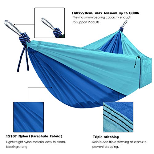 Camping Hammock, Double & Single Portable Hammocks With 2 Tree Straps And Carabiners | Easy Assembly | Lightweight Parachute Nylon Hammocks For Backpacking, Travel, Beach, Hiking (Blue/Sky Blue) #TOP1