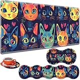 ZHUHEHEAH 大型ゲーミングテーブルパッド 31.5インチ x 11.8インチ + キーボードリストパッド + マウスリストパッド + コースター ノンスリップベース 4イン1セット、人間工学に基づいたメモリーフォーム、タイピングが簡単、痛みの緩和、水彩画の猫の顔