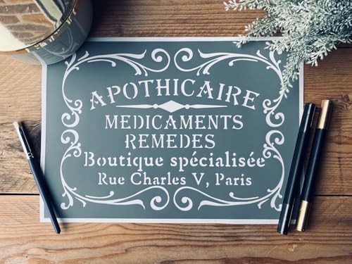 Pochoir Adhésif en PVC, Style Vintage, Affiche Apothicaire, 30 x 20 cm, Pour Meuble et Décoration. Multi-supports, Rénovation meuble, buffet, Déco Cuisine,...