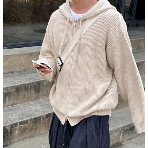Men's Full Zipper Cardigan Sweater Solid Color Knitted Sweaters Loose Fit Casual Sweater Cardigan with Hood2