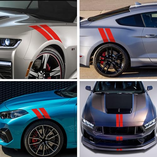 Image of TOMALL 2 Pair Racing Sport Stripe Vinyl Decals for Car Fender Hood Bumper Trunk Auto Stripe Graphic Stickers Decorations for Pickup Vehicle SUV Truck Off-Road (Red)