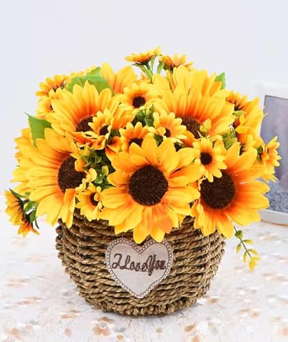 Image of Sunflower Artificial Flowers Bunch, Artificial Flowers for Vase Long Stem, Home Decor Wedding Party Office Decoration, Flower Vase