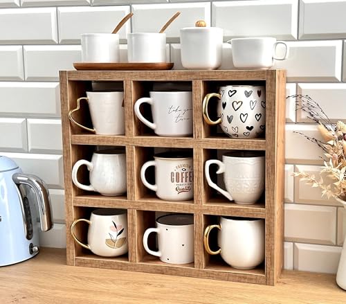 Image of Hamdan Collection Wall Mounted Mug Shelf - Coffee Cup Storage - Kitchen Wall Rack - Floating Cup Organizer - Rustic Coffee Bar Shelf (SQ 9 Compartment)