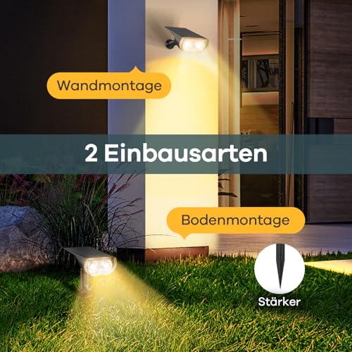 Linkind LED Solar Gartenlampen 800LM Licht-Sensorik Solarleuchten, 3000K Warmweiß Solarlicht, 22 LEDs IP65 Gartenstrahler Außenwandleuchte, 3 Modi Solarstrahler Außen StarRay, Garten Deko, 4 Stück