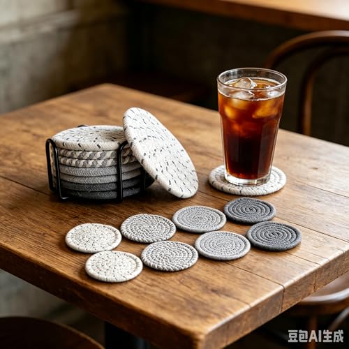 8 Pcs Coaster Set, 4.3 Inch Absorbent Cotton Woven Minimalist Round Outdoor Coasters,Decorative Tabletop Protection Cup Coasters for Housewarming Gifts,Kitchen,Living Room,Bar,Dining Room - image 2