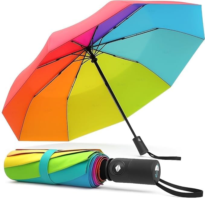tekvora Rainbow Umbrella 3 Fold | Auto Open & Close | Wind & Rain Resistant Travel Umbrella for Men, Women, Kids, Boys & Girls – Compact & Colorful (Auto On/Off - Rainbow)-picture-24