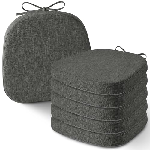 Image of AddGrace Set of 6 Chair Cushions for Metal Dining Chairs 14x14 Dark Grey | Non Slip,Washable Removable Cover with Ties, Textured, for Kitchen Dining Room Indoor, Hard Wooden Chairs, Family Gathering