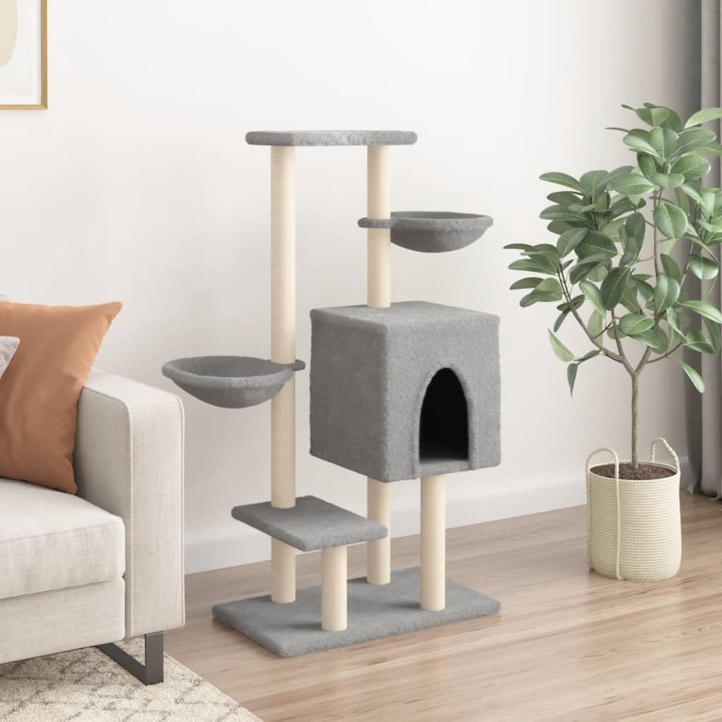 Homgoday Tiragraffi per gatti con tiragraffi in sisal, grigio chiaro, 117 cm, torre tiragraffi multilivello con scala e condomini, centro attività per gatti da interno