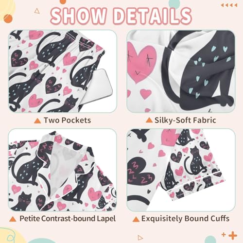 senya Black Cat with Love Satin Summer Pajama Sets Silk Short Sleeve Button Down Sleepwear3